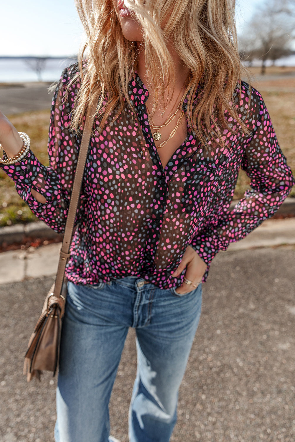 Polka Dot Buttoned Casual Shirt