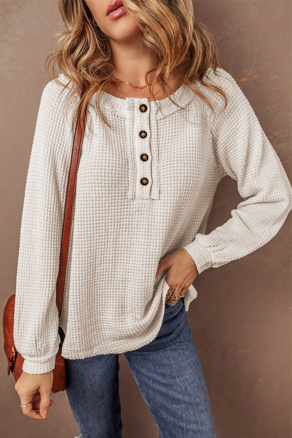 Waffle Knit Front Loose Blouse