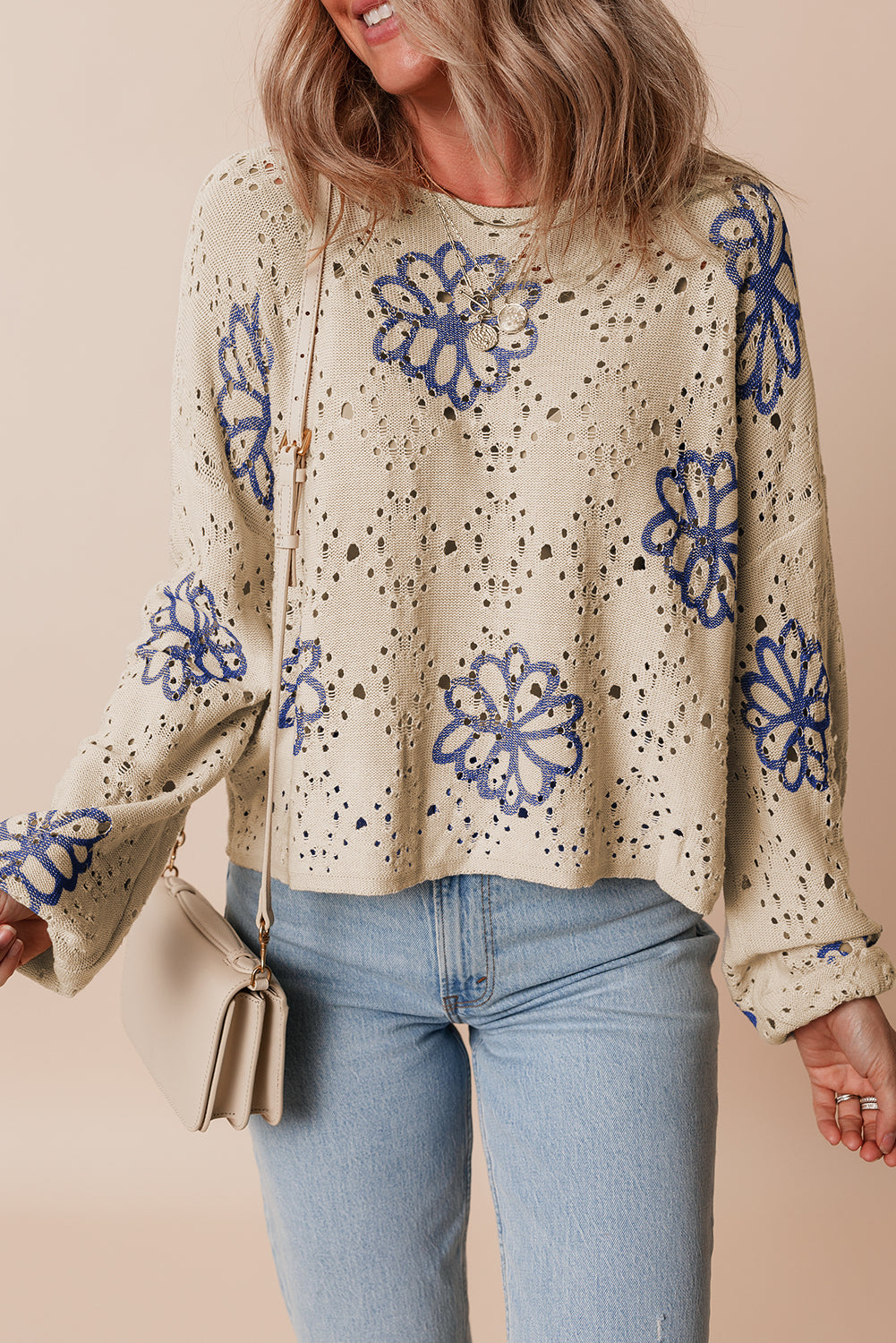 Contrast Flower Print Eyelet Sweater