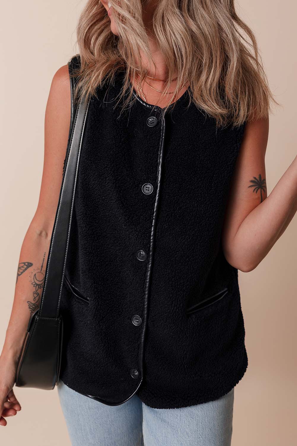 Leather Contrast Side Pockets Buttoned Fleece Vest